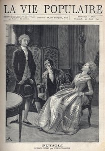En smuk blond ung mand, der ser dårligt ud, lige efter at have stillet sit frieri, ser pigen blive fanget med et grin, væltet over på sin stol, under hendes fars ebahis øjne. Illustration til Puyjoli af Jules Claretie (1840-1913). Gravering af Fortune Meau af Fortune Louis Meaulle