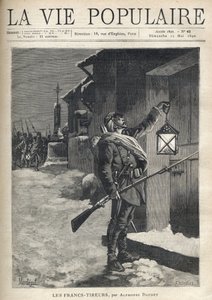 En soldat, der bar al sin barda, en bajonetriffel og viftede med en lanterne foran den lukkede dør til et byhus. Bag ham, nær Jernkorset, ankommer resten af truppen for at slutte sig til ham. Illustration af Montegut (?), for Les Francs Shoirers af Alph af Fortune Louis Meaulle