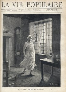 En kvinde i skjorte og kasket, med ansigtet fuld af frygt, triste øjne og løftet hånd, rejser sig barfodet foran vinduet i sit hus, hvorigennem man ser bådenes måtter. Indeni et ur, et fuglebur og små møbler. Illustration af af Fortune Louis Meaulle