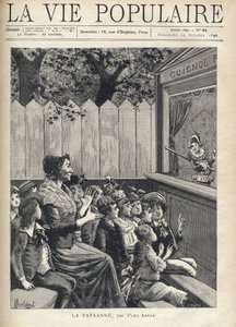 En kvinde midt i en gruppe børn klapper af et dukketeater (Guignol). Illustration af Fortune Meaulle af Montegut for "Bonden" af Paul Arene (1843-1896). Indgravering i "La vie populaire"" af Fortune Louis Meaulle