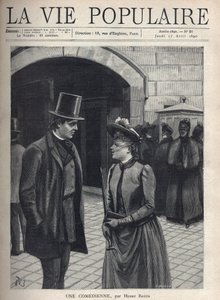 En ung kvinde iført en slørhat, der dækker hendes ansigt, holder en paraply og en bog, taler med en elegant ung mand, jakkesæt og top hat, hænderne i lommen. Bag dem en gruppe svære kvinder, mørk frakke og tilslørede. De bliver overvåget af en kvinde, der  af Fortune Louis Meaulle