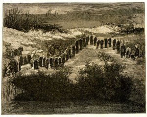 Carnac-menhirens placering. Tegning af Victor Hugo, gravlagt af Meaulle. Uddrag af Hugos tekst (En voyage en Bretagne af Fortune Louis Meaulle