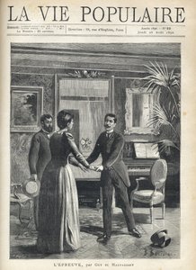 I en borgerlig stue rejser en mand sig nedbør mod husets elskerinde og tager fat i hendes hænder, mens han taber sin hat på gulvet, under en anden mands forbløffende blik. Illustration af Bernard Borione (1865-20. århundrede), til testen af Guy af Fortune Louis Meaulle