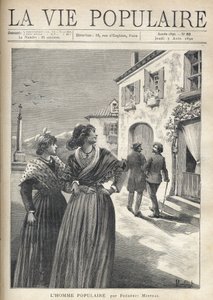 I gaderne i en landsby i Provence vender to smukke kvinder i provencalske kjoler tilbage til gaden for at konfrontere en mand, der selvsikkert vender sig mod deres øjne. Illustration af Montegut til The Popular Man af Frederic Mistral (1830-1914). Stik af  af Fortune Louis Meaulle