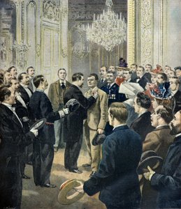 Louis Barthou udsmykker kusken Georges, redningsmanden fra bazar de la charite ,1897 (Kobberstik) af Fortune Louis Meaulle