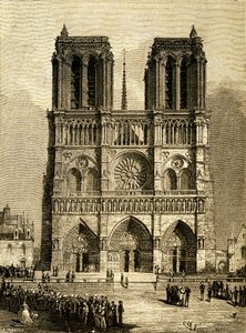 Notre Dame de Paris (Notre-Dame) i 1482: vestfacade og parvis. Kobberstik af F. Meaulle, baseret på en tegning af Viollet le Duc (Viollet-le-Duc), der illustrerer romanen af samme navn af Victor Hugo, udgave Ollendorff, begyndelsen af det 20. århundrede. N af Fortune Louis Meaulle