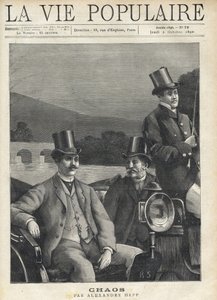 To mænd i jakkesæt og høj hat sat op i et hestehak, anført af en kusk. De er på vej langs en flod. Illustration til kaos af Alexandre Hepp (1857-1924). Gravering af Fortune Meaulle (1844-1901) af Fortune Louis Meaulle
