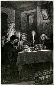 Victor Hugo "Les Miserables" Illustration af Lix graveret af Meaulle: Forcat og Eveque. Jean Valjean, som eveque Myriel tilbød hospitalet, vil begå sin sidste flugt: hans værts sølvtøj. På bordet står de to sølvlysestager af Fortune Louis Meaulle
