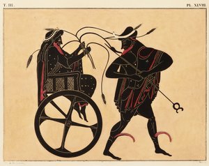 Tryk af dekorationen på en græsk amfora, der viser Triptolemus og Hermes, ca. 1858 (akvarel og kropsfarve over litho på vævet papir) af Fourquemin Fourquemin