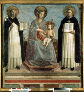 ""Madonna og barn omgivet af Saint Dominic de Guzman (1170-1221), grundlæggeren af ​​Den Dominikanske Orden og Saint Thomas Aquinas (1225-1274) kirkens læge"" (Jomfruen og barnet med Sts Dominic og Thomas Aquinas) Hundesyge på misteltentræ