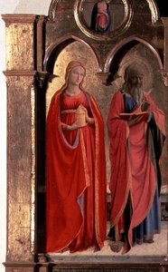 Jomfru og barn på tronen med fire engle, detalje af Johannes evangelisten og Maria Magdalena, fra Polittico di San Domenico (detalje af 43910) af Fra (c.1387 1455) Angelico