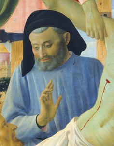 Arkitekt Michelozzo, detalje fra Afsætningen fra korset eller den hellige treenigheds altertavle, ca. 1432, af Giovanni da Fiesole kendt som Fra Angelico (1400-ca 1455), tempera på træ af Fra (c.1387 1455) Angelico
