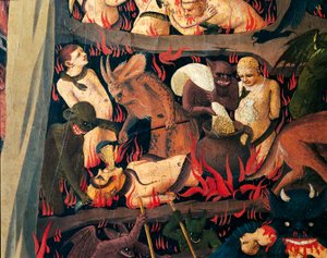 Helvede med dæmoner, der straffer grådige, detaljer fra Last Judgment af Giovanni da Fiesole kendt som Fra Angelico (1400-cirka 1455), tempera på træ