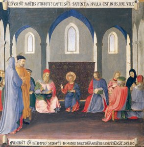 Indsæt, der skildrer striden med lægerne i templet, panel fra Armadio degli Argenti (sølvkiste) med Jesu liv af Fra (c.1387 1455) Angelico