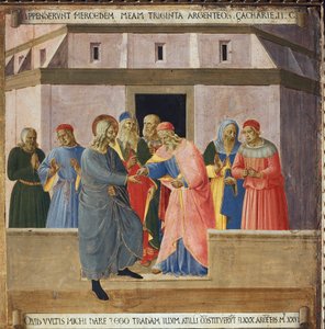 Judas gik til ypperstepræsterne og indvilligede i at udlevere Jesus i bytte for tredive sølvmønter. Kristi liv, Armadio degli Argenti. (Tempera på træ