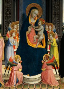 Madonna og barn tronet med hellige af Giovanni da Fiesole kendt som Fra Angelico (1400-cirka 1455), tempera på træ, detaljer