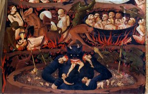 Den sidste dom: detalje af underverdenen. Forbandelser i de infernalske kredse, tortur af dæmoner. Detalje af en detrempe på træ af Guido di Pietro (eller Fra Giovanni da Fiesole) dit Fra Angelico eller il Beato (1387-1455)