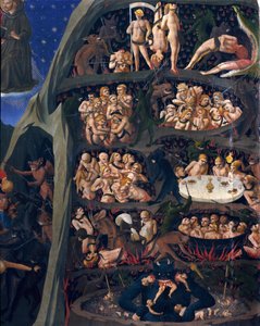 Den endelige dom: helvede. Fandens sjæle udsat for tortur i Helvedes cirkler. Djævelen nedenunder har en af dem. Maleri af Guido di Pietro (eller Fra Giovanni da Fiesole) dit Fra Angelico ou il Beato (1400-1455)