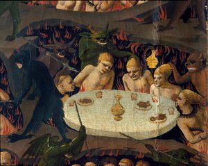 Den endelige dom: forbanderne bliver dårligt behandlet af dæmoner i underverdenen. Maleri af Guido di Pietro (eller Fra Giovanni da Fiesole) dit Fra Angelico ou il Beato (1400-1455)