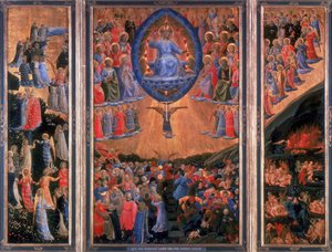 Den sidste dom«. Himlen, venstre, helvede, højre. Kristus sidder i dommen i det centrale panel. Fra Angelico (1400-1455) florentinsk maler. Triptykon. Tempera ombord. Staatliche Museum, Berlin.
