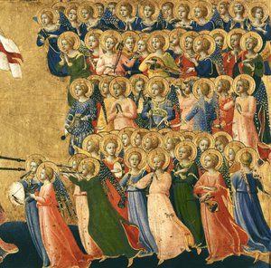 Christ Glorified in the Court of Heaven, detalje af musikalske engle fra højre side, 1419-35 (tempera på panel) (detalje af 4052) af Fra Angelico