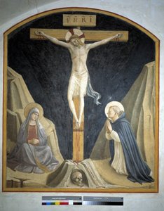 Korsfæstelse med jomfru Maria og Saint Dominic. Inskription "INRI" på korset 1442 af Fra Angelico