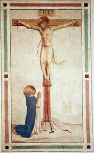 Korsfæstelsen med Saint Dominic. Indskriften ""INRI"" på korset. Fresco af Guido di Pietro af Fra Angelico