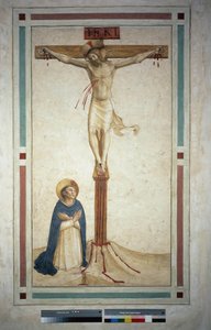 Korsfæstelsen med Saint Dominic. Indskriften ""INRI"" på korset. Fresco af Guido di Pietro af Fra Angelico