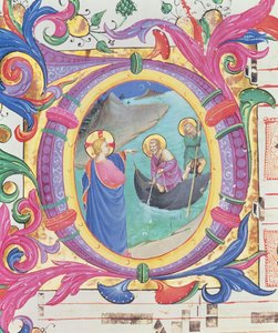 Missal 558 f.9r Historikert initial O, der afbilder det mirakuløse udkast til fisk (detalje af 88928) af Fra Angelico