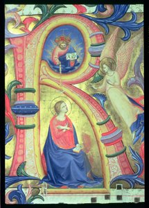 Ms 558 f.33v Bebudelsen afbildet i en historisk initial R, detalje fra et Missal, tidlige 1430