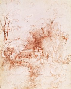 Klippelandskab med kloster, tegning af Fra Bartolomeo (1472-1517). af Fra Bartolomeo