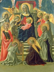 Madonna og barn troner med engle og hellige (tempera på panel) (se også 63779) af Fra Filippo Lippi