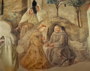 The Reform of the Carmelite Rule, detalje af fire karmeliterbrødre, ca. 1422 freskodetalje fra 94764 af Fra Filippo Lippi