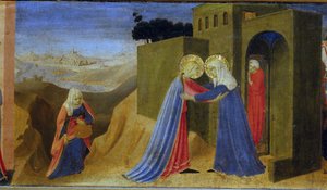 Besøget. Predella af altertavlen Bebudelsen, ca. 1433-1434.