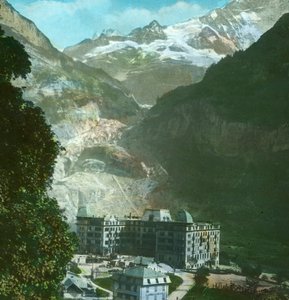 Bear Hotel, gletscher og Fiescherhorn, Grindelwald, Schweiz, slutningen af det 19.-begyndelsen af det 20. århundrede.