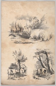 Vignette med to får, Vignette med to køer i en pool og Vignette af en skovsamler..., 1847.