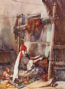Tæppefremstilling (farvelitografi) af Frances Nesbitt