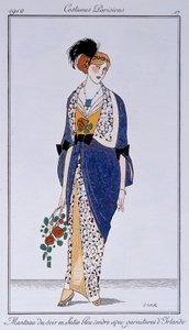 Parisiske kostumer: Askblå aftenfrakke i satin med irske detaljer. Tegning af Francisco Javier Gose (1876-1915) Ec. Esp.