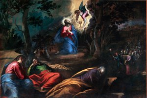 Bønnen i oliventræernes have Til højre ankommer Judas sammen med soldaterne for at stoppe Jesus Kristus. Maleri af Francesco Bassano den unge (ca. 1549-1592) Venedig, Chiesa del Redentore, Italien af Francesco Bassano