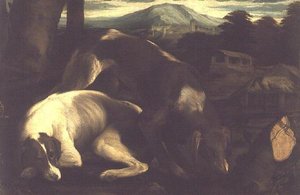 To jagthunde, ca. 1555 af Francesco Bassano