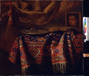 Stilleben med selvportræt. (Stilleben med selvportræt). Maleri af Francesco Fieravino (mellem 1610 og 1660). Italiensk kunst, barokstil. Regionalt A. Deineka kunstgalleri, Kursk, Rusland af Francesco (b.1640) Fieravino