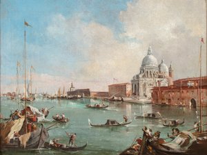 Canal Grande med udsigt til Santa Maria Della Salute og Dogana, ca. 1800-50 (olie på lærred) af Francesco (follower of) Guardi