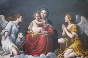 Madonna og barn med engle (olie på skifer) af Francesco Albani