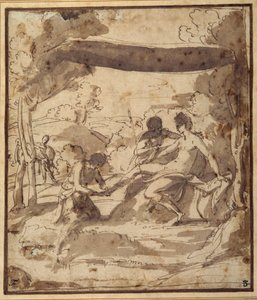 Venus, tilbagelænet under en rustik baldakin, med Adonis, der spænder sin sandal (pen og blæk med vask på papir) af Francesco Albani