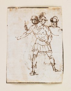 Studie af to romerske soldater og en skægget figur (recto); Studie af en skægget mand, der går med en pind (verso) (pen og brunt blæk)