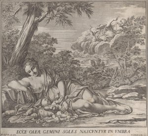Latona og hendes sovende tvillinger, Apollo og Diana, i et landskab, 1705. af Francesco Antonio Meloni