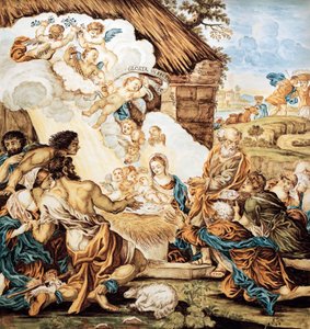 Tremmeseng, malet majolica tallerken, af Francesco Antonio Xaverio Grue (1686-1746), Abruzzo Castelli fremstilling, Italien af Francesco Antonio Xaverio Grue