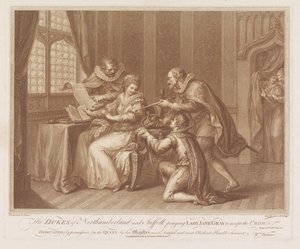 Dukes of Northumberland og Suffolk beder Lady Jane Gray om at tage imod kronen Hertugerne af Northumberland og Suffolk beder Lady Jane Gray om at acceptere kronen (titel på objektet) af Francesco Bartolozzi