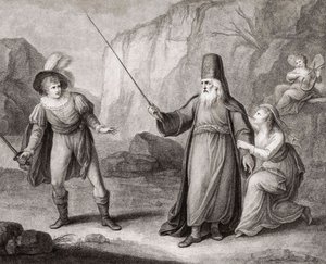 Prospero afvæbner Ferdinand. Shakespeare. Stormen (gravering) af Francesco Bartolozzi