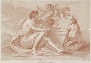 Titeltryk med personificering af maleri Ciprianis principper for tegning (serietitel) Ciprianis rudiments of drawing (serietitel) af Francesco Bartolozzi